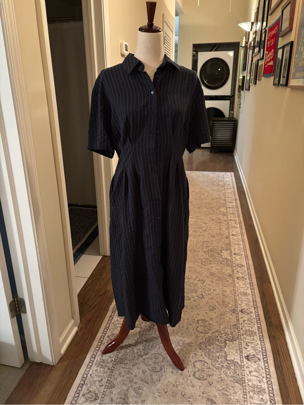 Primark Navy Pinstripe Button-Front Midi Dress - Picture 2 of 5